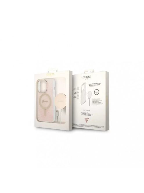 Guess csomag GUBPP14XH4EACS - Guess MagSafe pink tok + Guess vezeték nélküli töltő Apple iPhone 14 Pro Max készülékhez